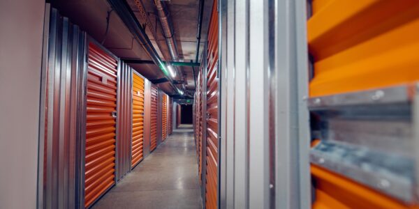 Closed modern storage boxes in warehouse