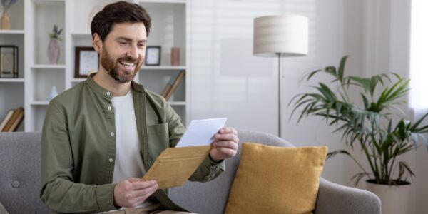Smiling man reading letter on couch in modern living room