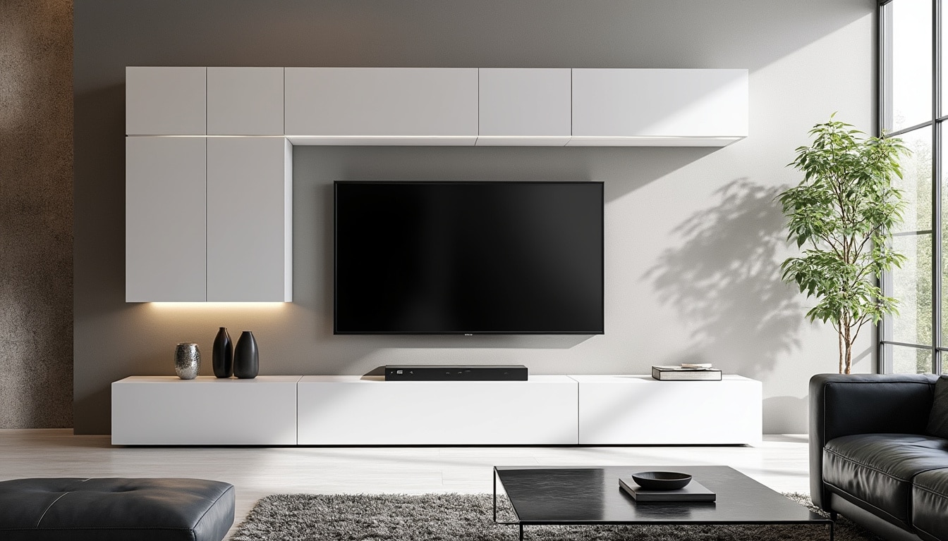 optez pour le meuble tv à led blanc laqué horizon, parfait pour sublimer un salon moderne avec son design élégant, sa finition brillante et son éclairage led intégré. praticité et style réunis pour votre espace de vie !