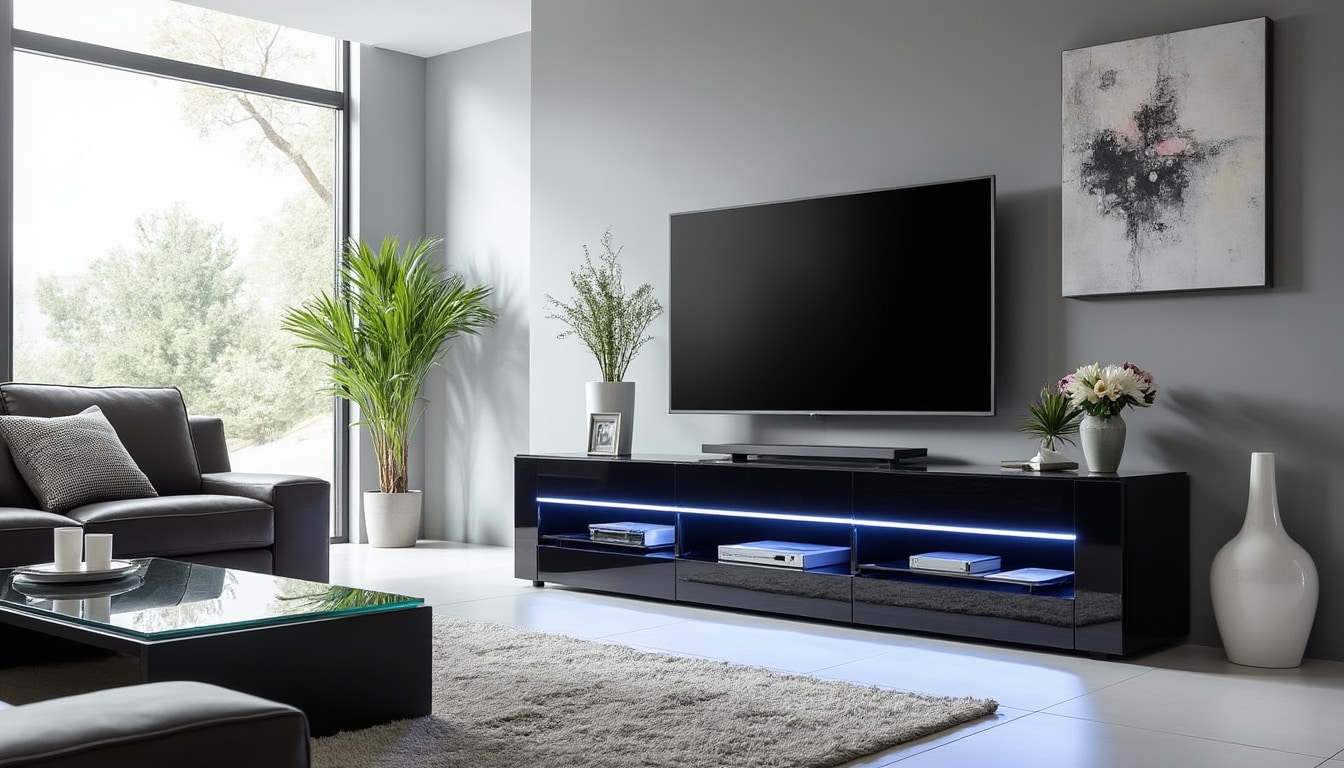 découvrez le meuble tv à led blanc laqué horizon, alliant design moderne et élégance, parfait pour sublimer votre salon avec style et fonctionnalité.