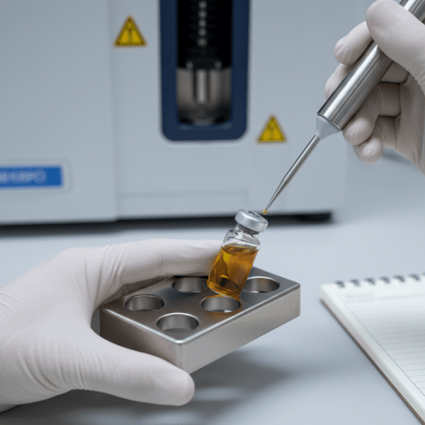 Technicien de laboratoire manipulant échantillon CBD pour analyse HPLC et vérification de conformité