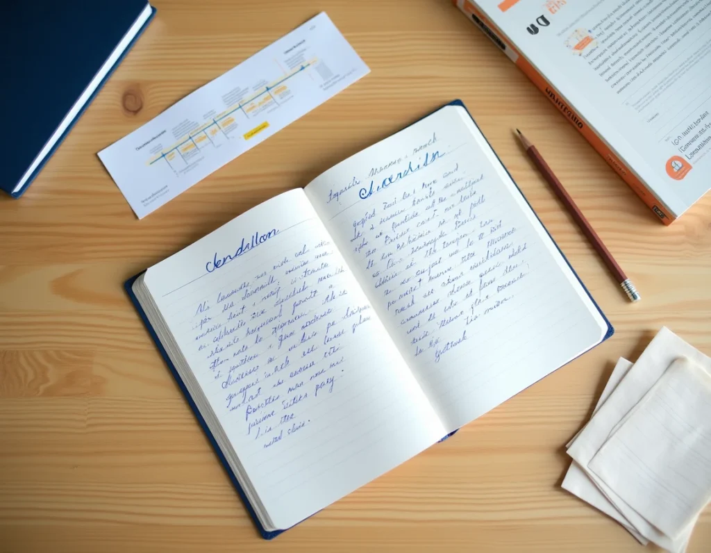 Bureau scolaire avec notes manuscrites et livre de Cendrillon de Charles Perrault pour préparer un exposé