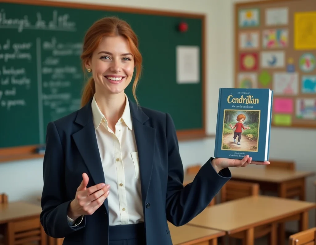 Enseignante présentant le conte de Cendrillon de Perrault à sa classe lors d'un cours de littérature