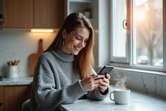 Jeune femme consultant les actualités du matin sur son smartphone dans une cuisine moderne avec un café