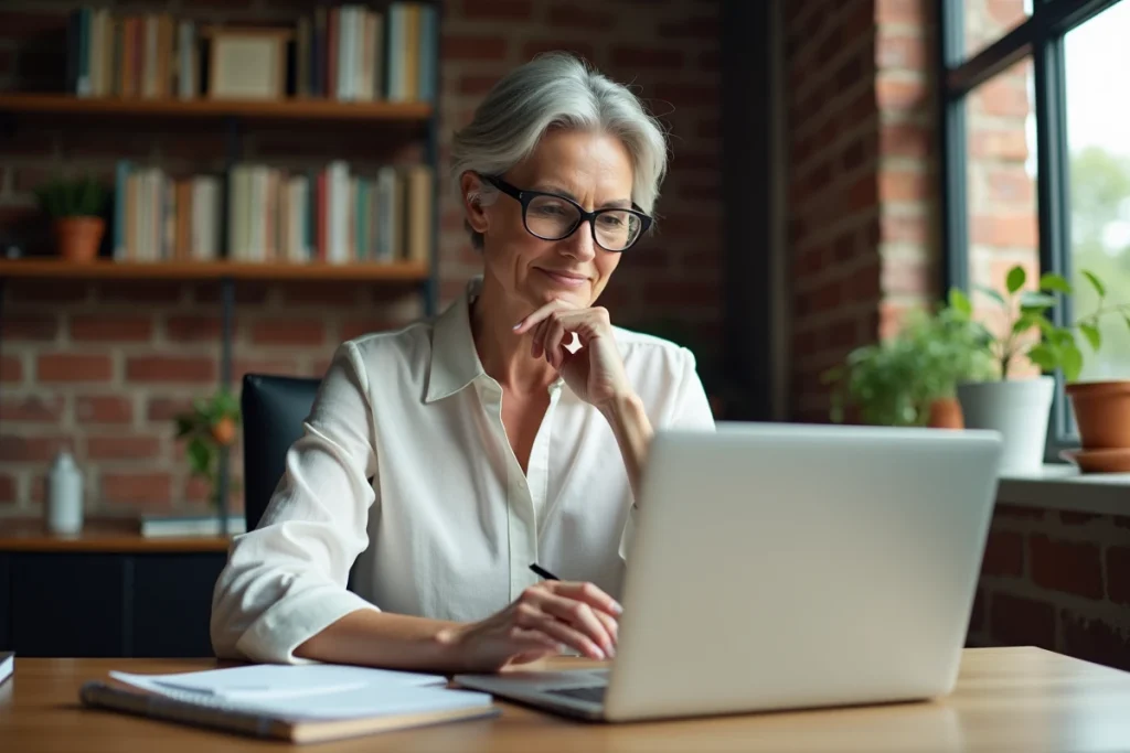 Femme active consultant les actualités du matin sur ordinateur portable dans un bureau à domicile chaleureux