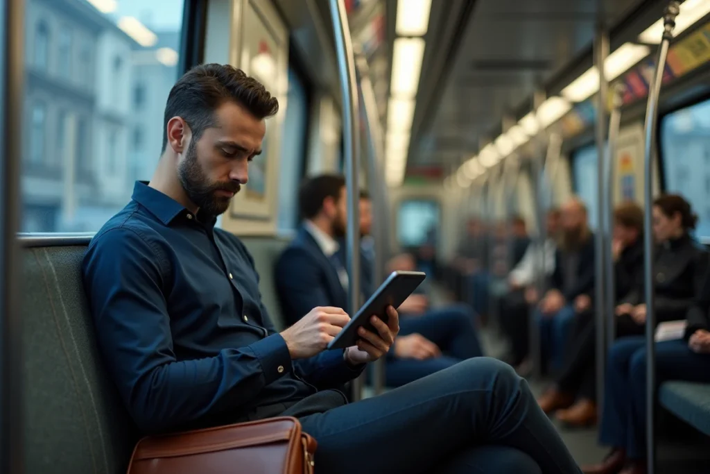 Homme d'affaires lisant les actualités sur tablette dans le métro pendant les transports du matin