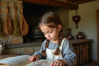 Jeune fille lisant le conte de Cendrillon de Charles Perrault dans une cuisine rustique pour un exposé scolaire