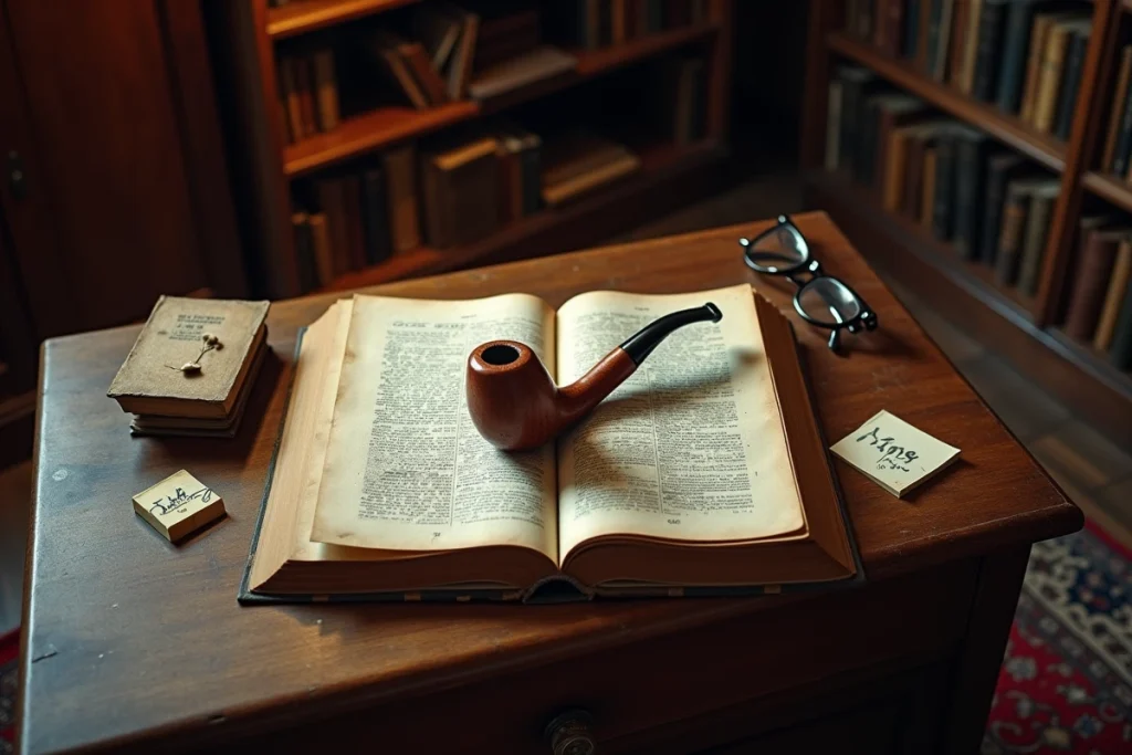 Pipe en bois briar posée sur le livre de Foucault 'Ceci n'est pas une pipe' annoté sur un bureau en chêne dans une bibliothèque
