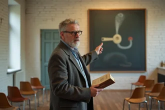 Professeur d'art devant la reproduction de 'La Trahison des images' de Magritte dans une salle de séminaire universitaire