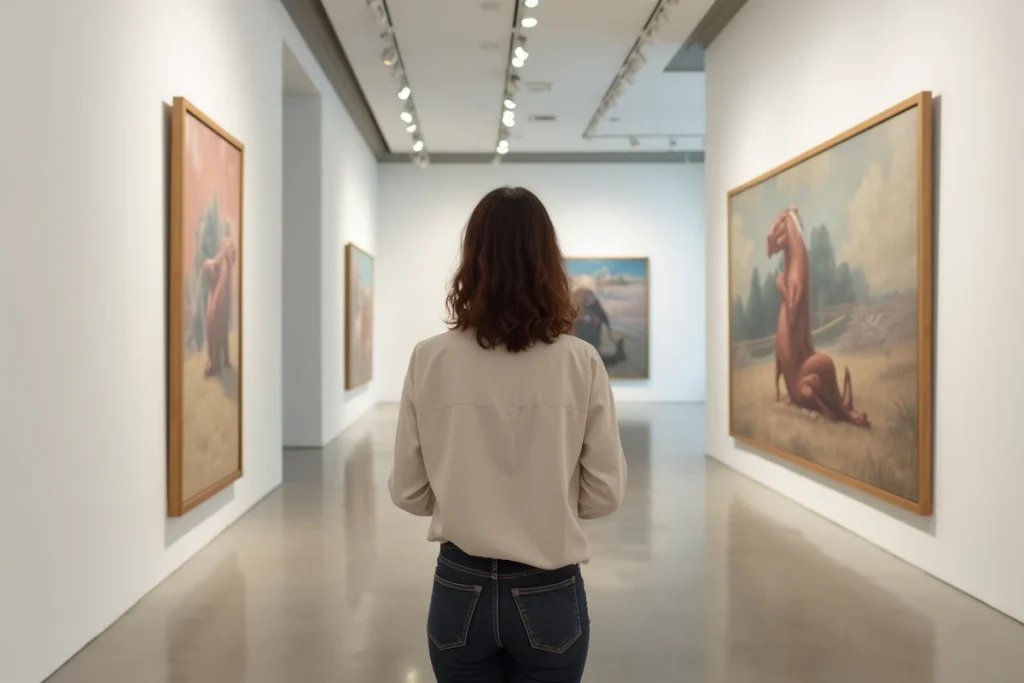Jeune femme contemplant une peinture surréaliste dans une galerie d'art contemporain, évoquant la relation entre représentation et réalité