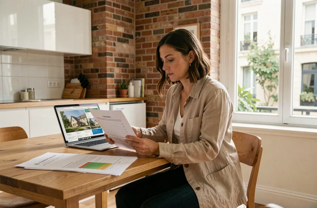 Femme étudiant un audit énergétique dans un appartement rénové avant achat immobilier