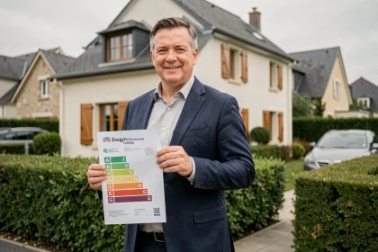 Agent immobilier tenant un diagnostic de performance énergétique devant une maison résidentielle française