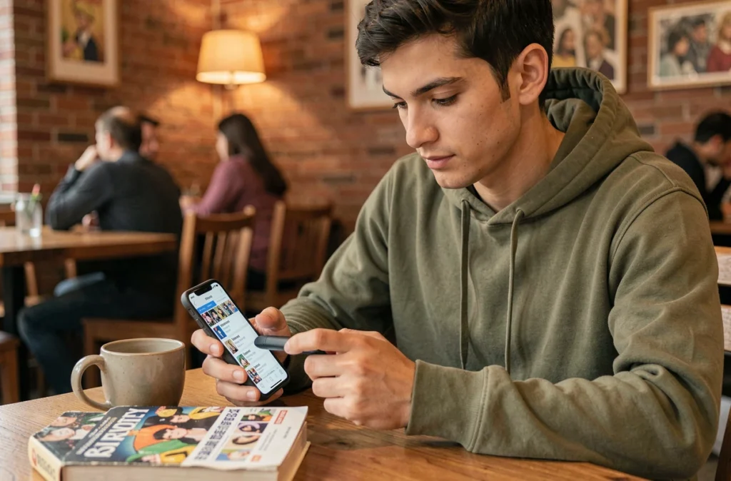 Personne consultant une application mobile pour organiser sa liste de lecture de mangas dans un café urbain