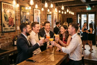 Groupe d'amis qui trinquent dans un bar danse du centre-ville de Strasbourg avec piste de danse en arrière-plan