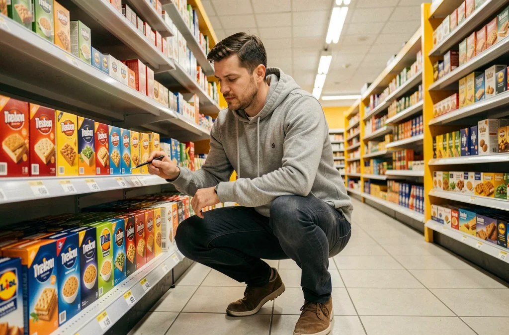 Client Lidl comparant les étiquettes de prix sur les produits en rayon