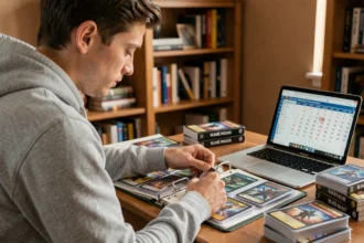 Jeune homme organisant sa collection de cartes Pokémon JCC dans un classeur à la maison, entouré de boosters et d'un ordinateur portable