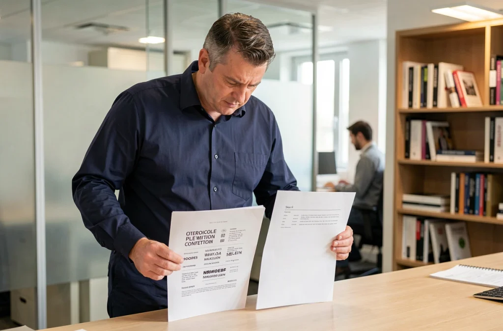 Professionnel comparant deux versions de mise en page A4 pour identifier et corriger les erreurs typographiques