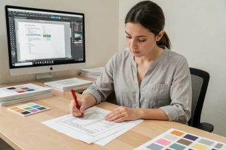 Graphiste corrigeant des erreurs de mise en page sur des feuilles A4 imprimées dans un studio de design moderne