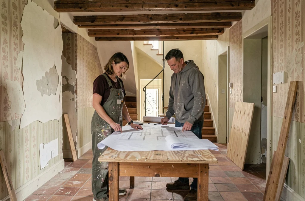 Couple étudiant des plans de rénovation dans le couloir d'une ancienne ferme française à rénover