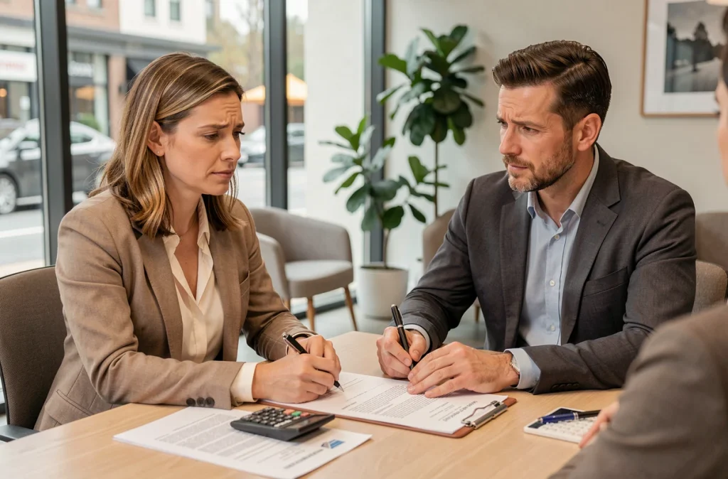Couple signant un acte de vente immobilier dans une agence moderne, frais de notaire et acquisition immobilière