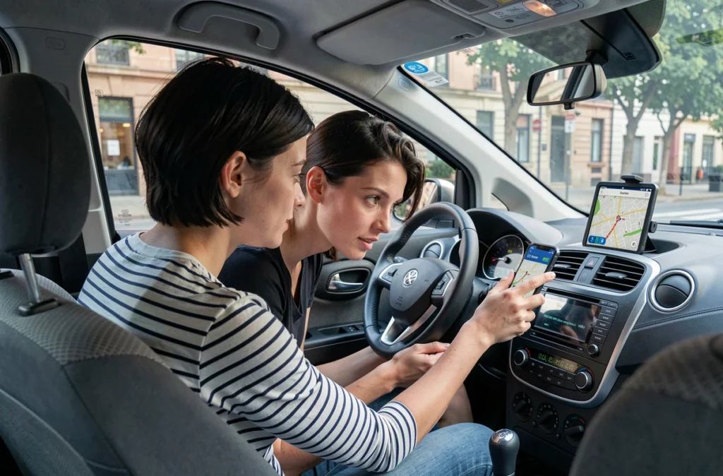 Couple en voiture utilisant un GPS pour rejoindre l'exposition Pixar sans stress