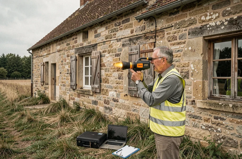 Technicien réalisant un diagnostic thermique sur une maison ancienne en pierre pour évaluer sa performance énergétique