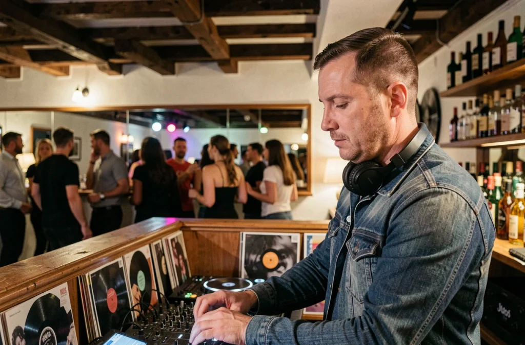 DJ en action dans un bar danse du centre-ville de Strasbourg avec piste animée en arrière-plan