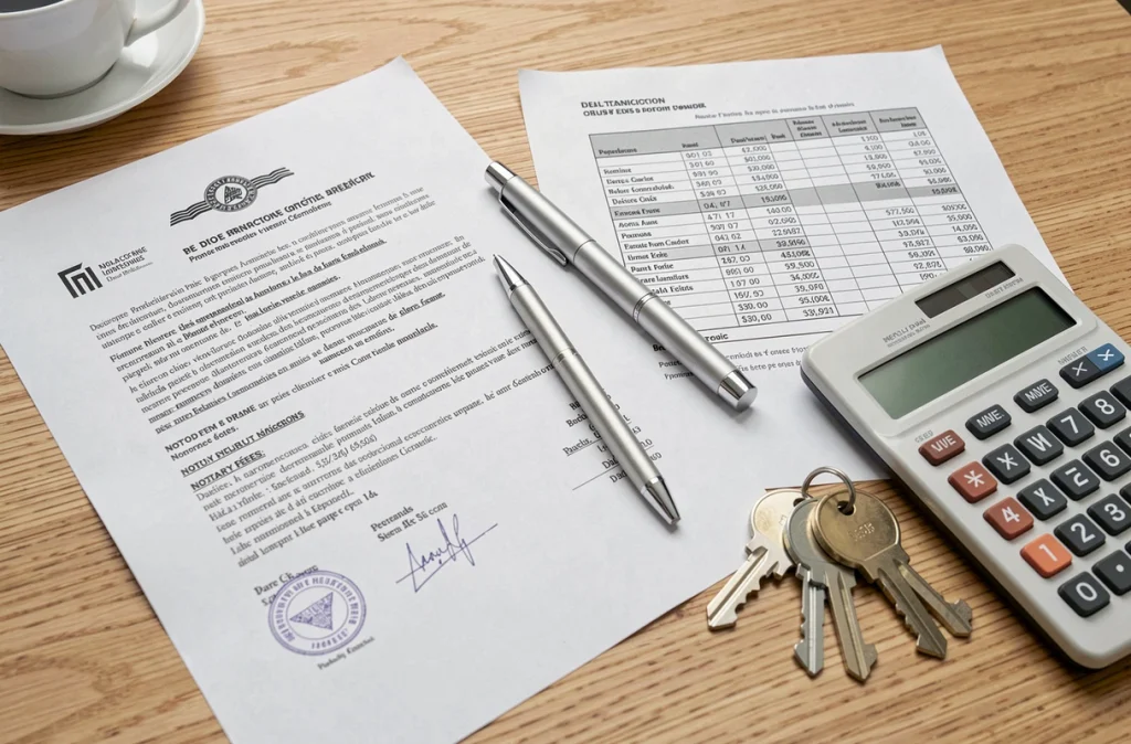 Vue aérienne d'un dossier de frais de notaire avec clés de maison, calculatrice et documents immobiliers officiels