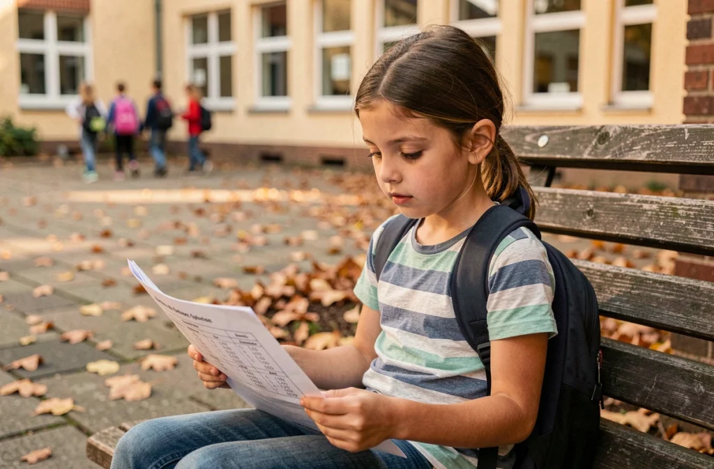 Écolière consultant le calendrier des semaines paires et impaires pour l'école 2026 dans la cour