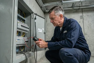 Électricien inspectant un tableau électrique triphasé avec des disjoncteurs mal calibrés dans une salle technique industrielle