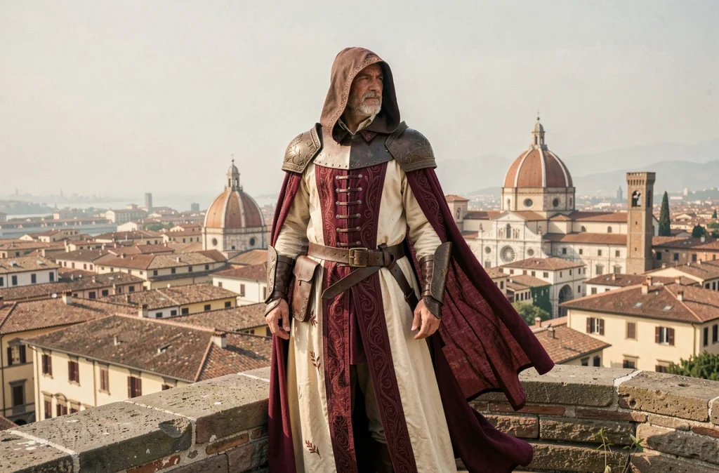 Ezio Auditore à la maturité en costume d'assassin complet perché sur un parapet avec vue panoramique sur les toits d'Italie Renaissance