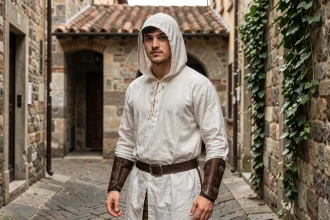 Jeune Ezio Auditore en tenue de novice assassin dans une ruelle florentine de la Renaissance, illustrant ses débuts comme personnage d'Assassin's Creed