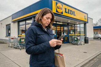 Femme comparant les prix sur smartphone devant un magasin Lidl en ville