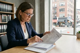 Femme professionnelle examinant attentivement les clauses d'un bail commercial dans un espace de travail moderne