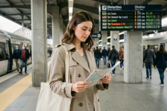 Femme consultant une carte dans une gare pour se rendre à l'exposition Pixar en train