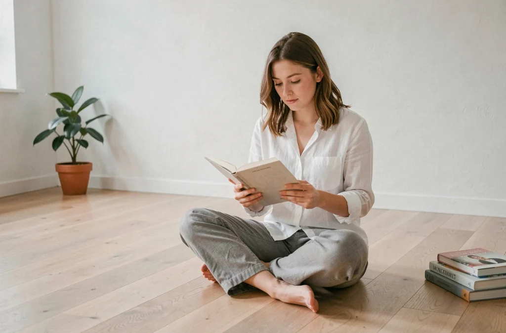 Jeune femme seule écrivant dans son journal intime sur le sol d'un appartement minimaliste, illustrant la solitude choisie comme pratique de développement personnel