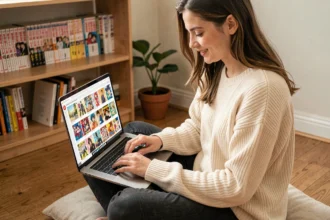 Jeune femme organisant sa liste de lecture de mangas en ligne sur un ordinateur portable dans un intérieur cosy avec bibliothèque de mangas