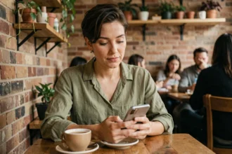 Femme questionnant son identité sexuelle lisant des ressources bienveillantes sur son téléphone dans un café chaleureux