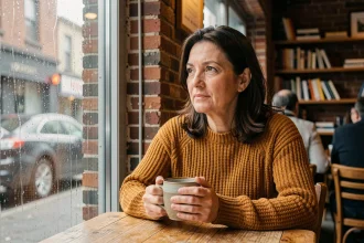 Femme seule et sereine dans un café pluvieux, tenant une tasse de thé et contemplant la solitude comme une force intérieure