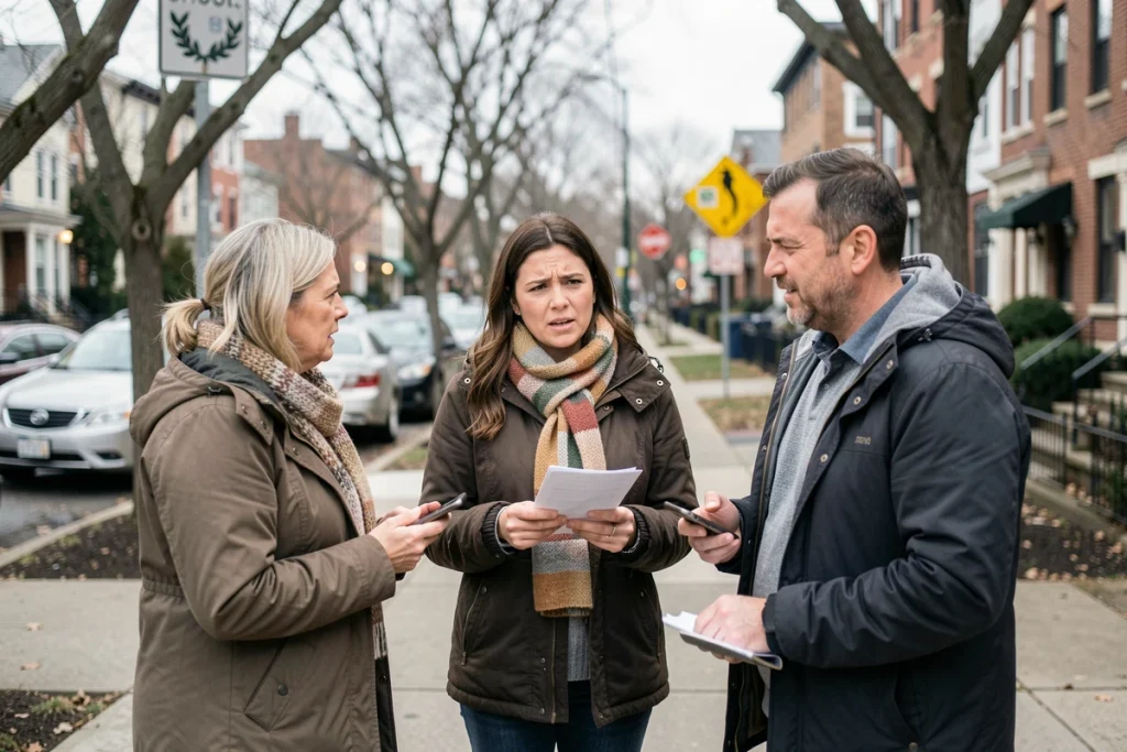 Groupe de parents discutant sur le trottoir devant une école fermée pour cause de grève, cherchant des solutions ensemble