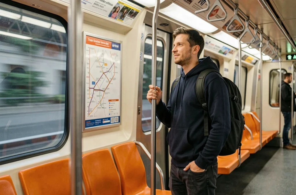 Homme dans le métro parisien se rendant à l'exposition Pixar sans stress