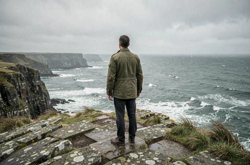 Homme seul debout sur une falaise rocheuse face à l'océan, symbolisant la force et la sérénité que peut apporter la solitude