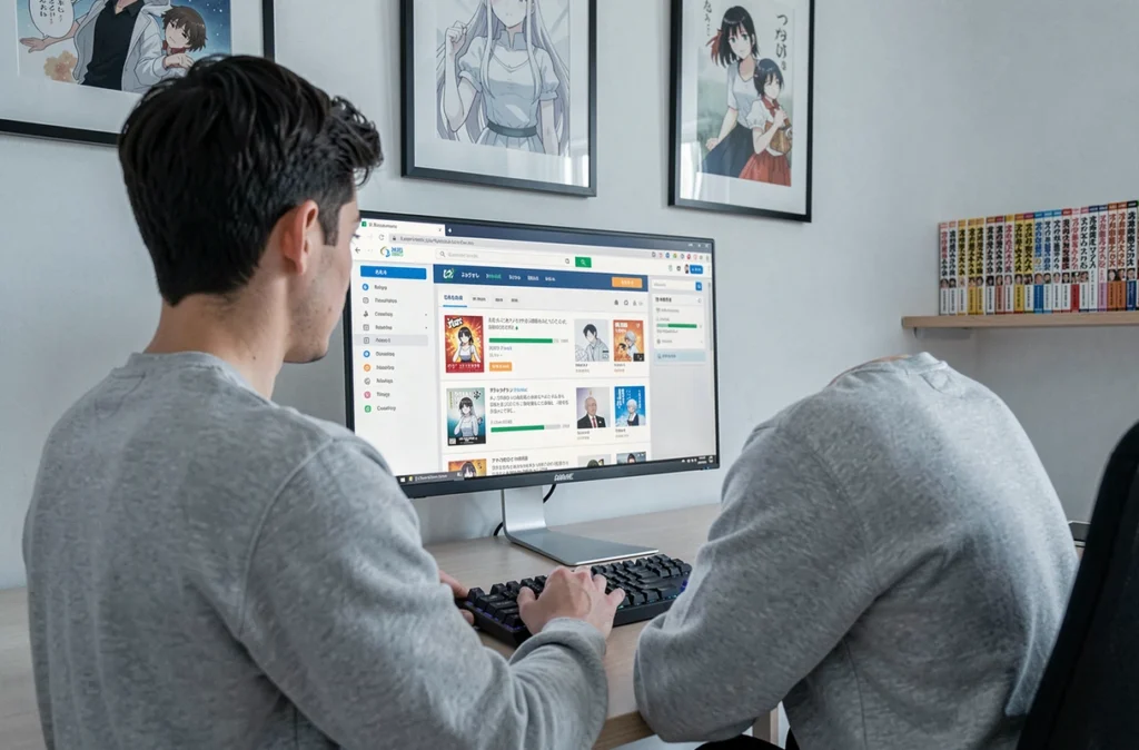 Homme consultant un site de suivi de lecture de mangas sur un écran d'ordinateur de bureau dans un appartement moderne et minimaliste
