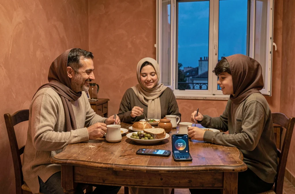 Famille musulmane partageant le repas Suhoor avec l'horaire Imsak à Marseille