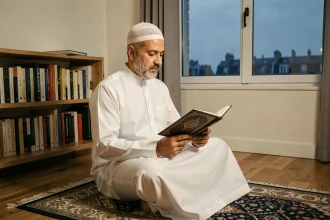 Homme musulman consultant l'horaire Imsak dans un appartement parisien avant l'aube