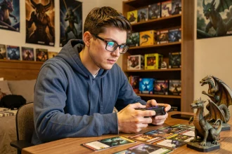 Joueur concentré sur sa console portable entouré de figurines dragon et cartes de jeu de rôle