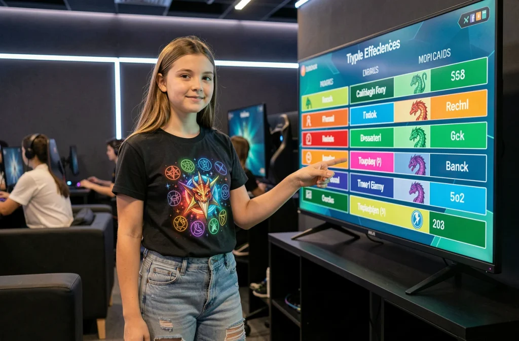 Jeune joueuse pointant un tableau des faiblesses de type dragon sur écran tactile dans un espace esport moderne