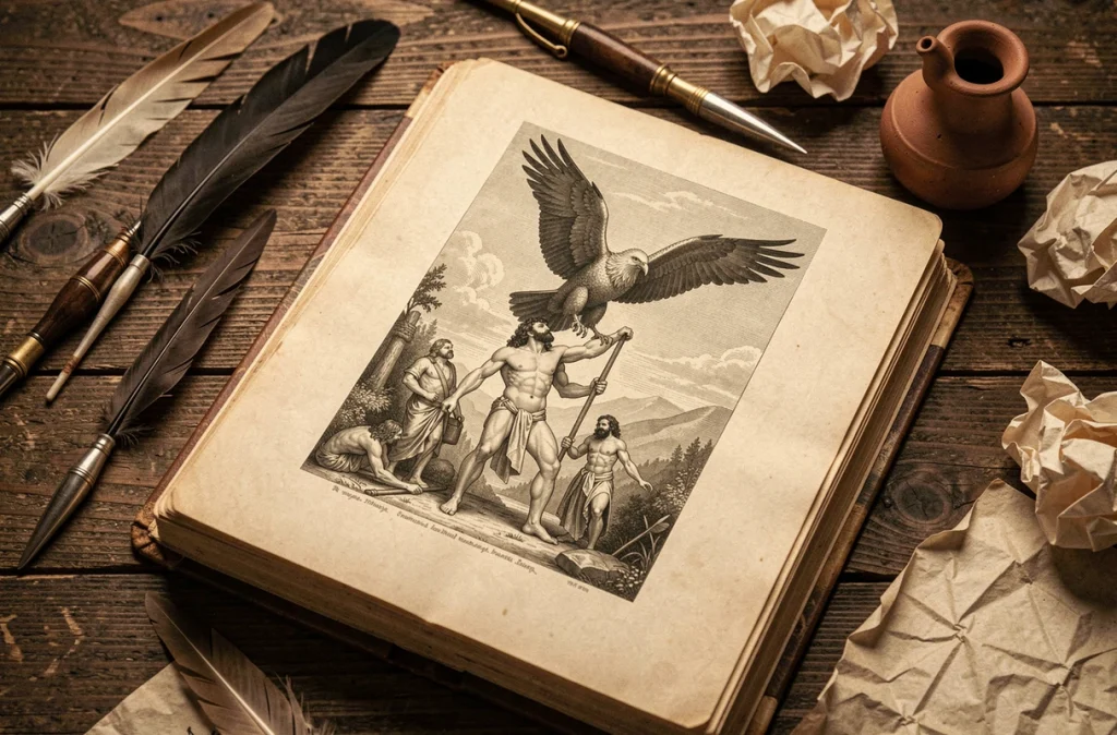 Livre ancien ouvert sur une gravure du XIXe siècle représentant Prométhée enchaîné et l'aigle, illustration du mythe grec