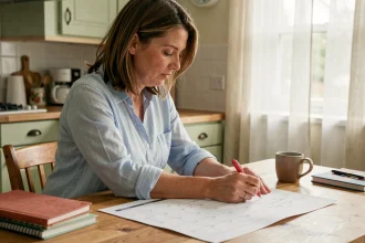 Mère organisant le calendrier scolaire des semaines paires et impaires 2026 à la table de cuisine