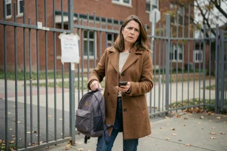 Mère inquiète devant l'entrée fermée d'une école primaire lors d'une grève scolaire, tenant le sac à dos de son enfant et son téléphone
